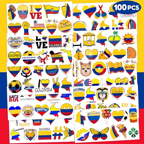 100PCs Colombia Temporary Tattoos Colombia Independence Birthday Party Decorations Favors Supplies Flag Themed Cute Stickers 10 Sheets Gifts for Baby Kids Girls Boys Class School Carnival Christmas