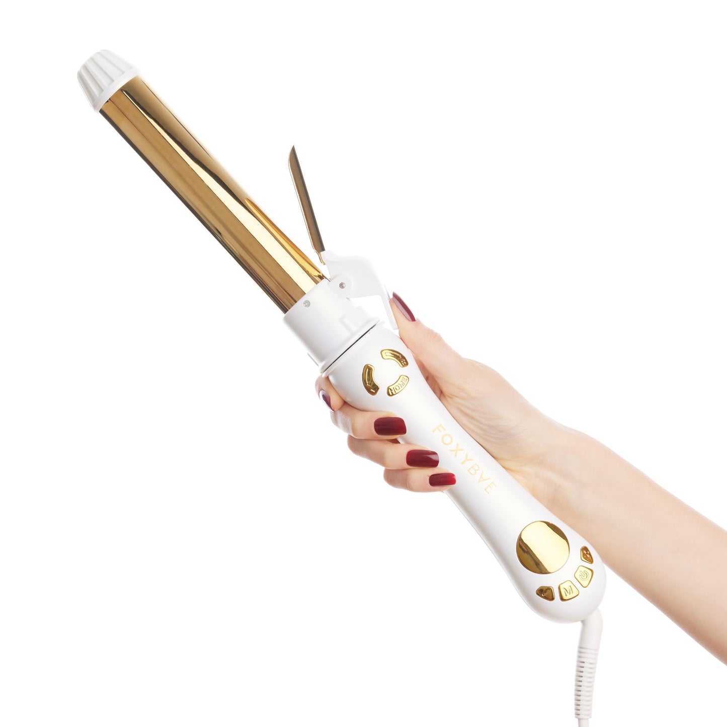 FoxyBae Automatic Curling Iron - Professional Auto Rotating Hair Curler Wand for Long Hair w/Temp Control -1.25” Titanium Hot Hair Styling Tools for Silky Curls - Self Hair Curlers [Pearl White-Gold]