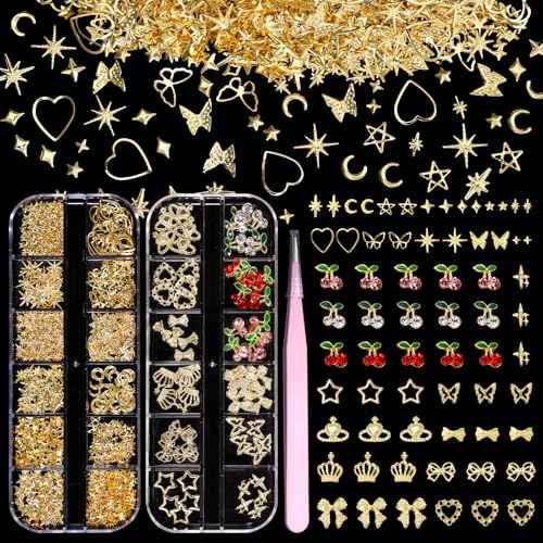 2 Boxes 300 Pcs Gold Nail Charms, Cherry Nail Charms, Bows Star Heart Crosses Butterfly Crown Nail Gold Charms, Multi Shapes Golden Nail Art Studs, Y2K Gold Charms for Nail DIY