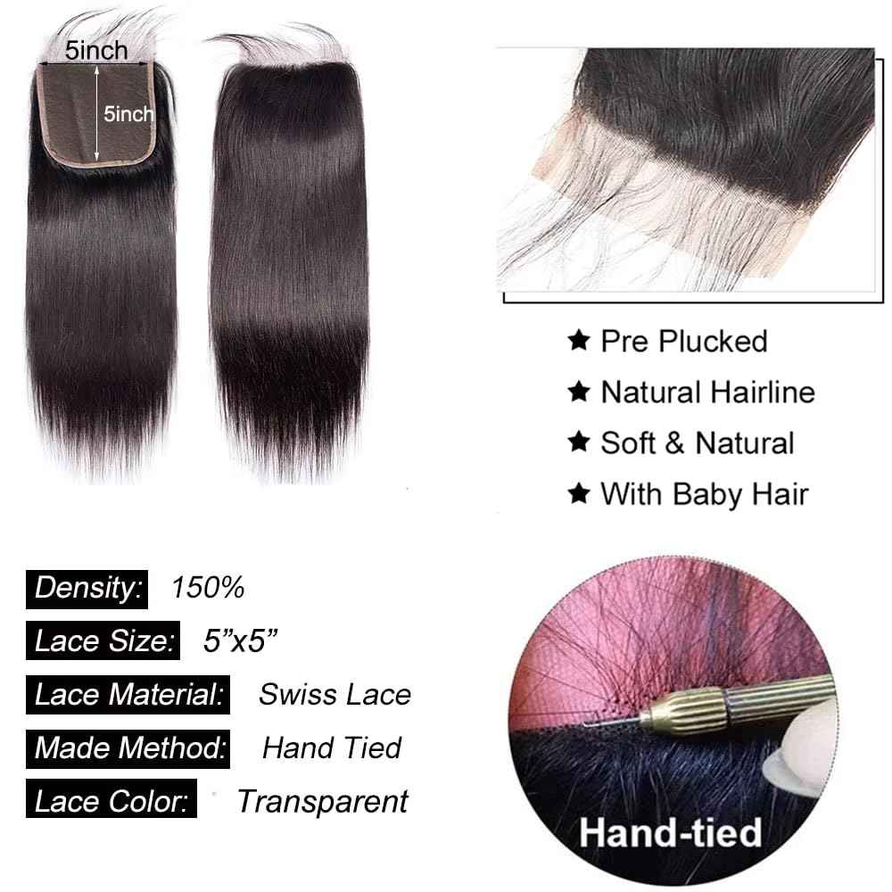 5x5 Lace Closure Human Hair Straight Closure Hd Transparent Lace Front Pre Plucked with Baby Hair Free Part 12A Virgin Human Hair Lace Frontal Natural Black Color 12inch