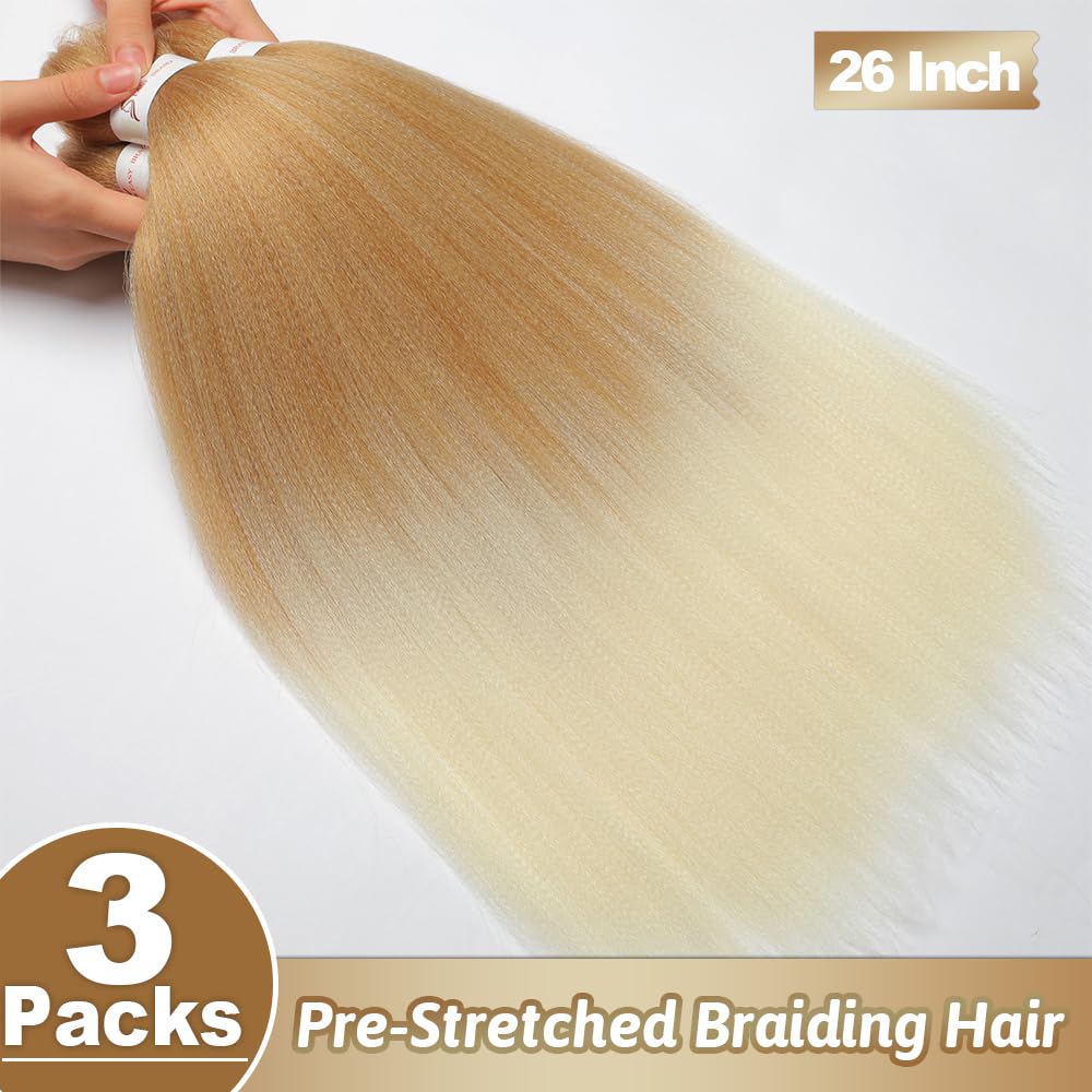 Pre stretched Braiding Hair 26 Inch Braiding Hair Extensions Hot Water Setting Synthetic Hair Pre Stretched Crochet Braids Hair(26 Inch,3 Packs,27/613#