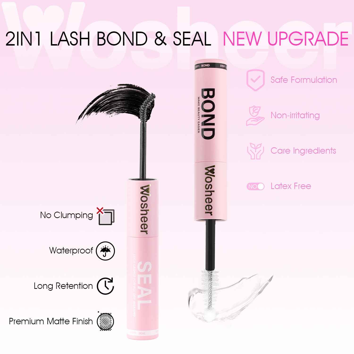 WOSHEER Lash Glue Bond and Seal Waterproof Long Lasting Strong Hold 2 in 1 Eyelash Glue Lash Bond and Seal Cluster Eyelash Bond and Seal for DIY Lash Extensions - Black