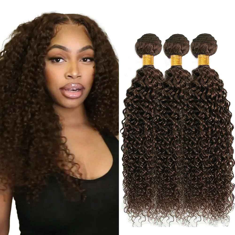Color #4 Bundle Dark Brown Kinky Curly Human Hair Bundles Peruvian Chocolate Brown Bundle Color #4 Curly Bundles Human Hair 14 16 18 Inch