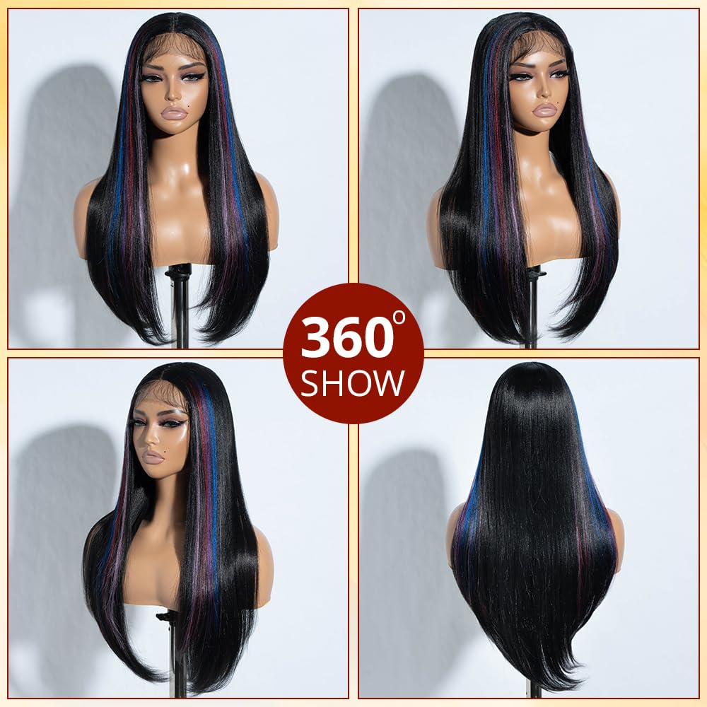 Rebecca Q Long Straight Black Wig For Black Woman Synthetic Hair Replacement Wig with Colorful Highlights Lace Front Wig Middle Partfor Daily Cosplay Use 26inches (VIVI.PLUM)