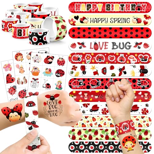 Ladybug Party Favors Set - 60 Pieces with Slap Bracelets & Tattoos