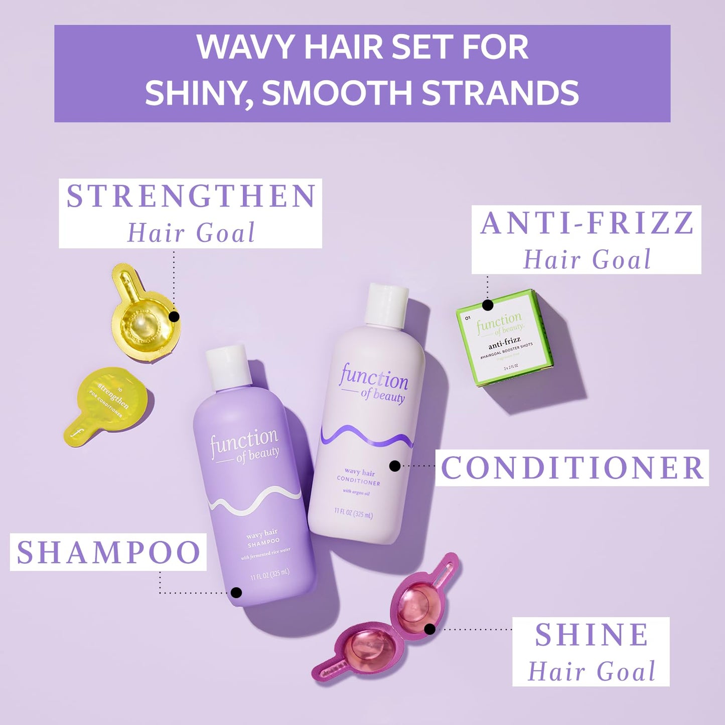 Function of Beauty Wavy Hair Shampoo + Conditioner (11 oz Each) + Shine, Strengthen, & Anti-Frizz #HairGoal Boosters Set - Sulfate-Free, Formulated to Enhance Glossiness & Natural Shine