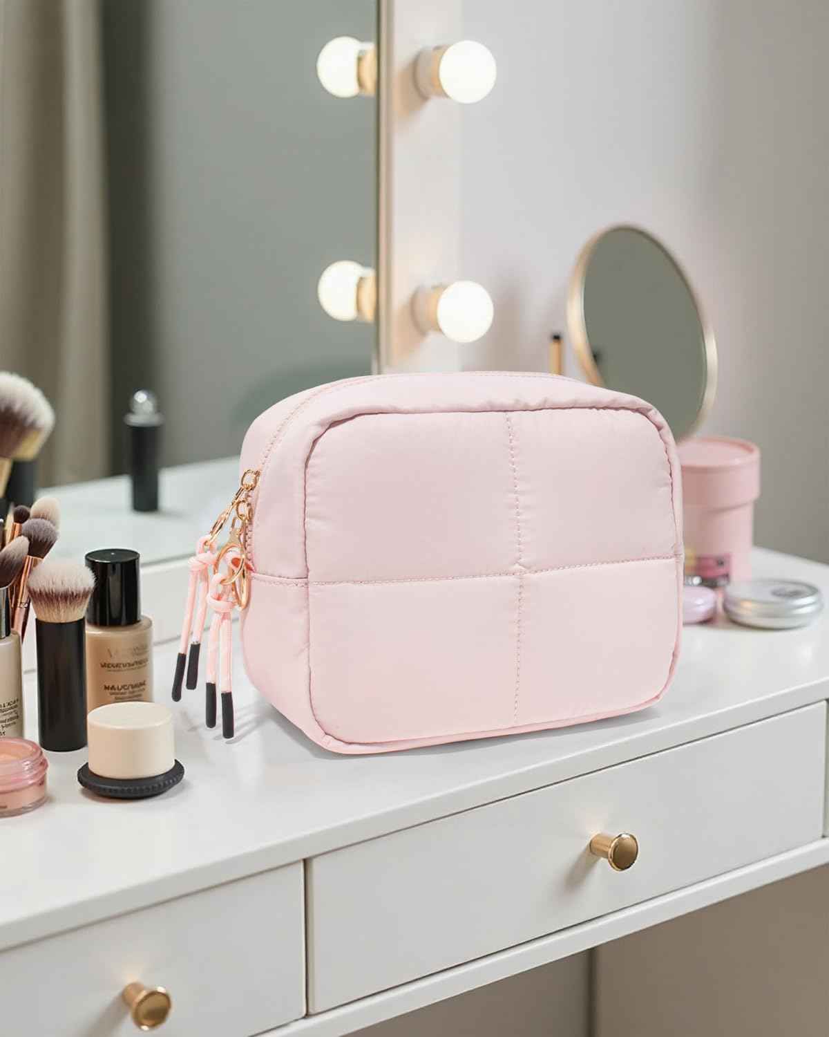 LETGO Travel Toiletry Bag for Women, Puffer Toiletry Bag Puffy Makeup Bag for Purse Quilted Makeup Bag Cosmetic Bag, Puffer Make Up Organizer Bags Zipper Pouch, Travel Toiletry Bag for Girls (Pink)