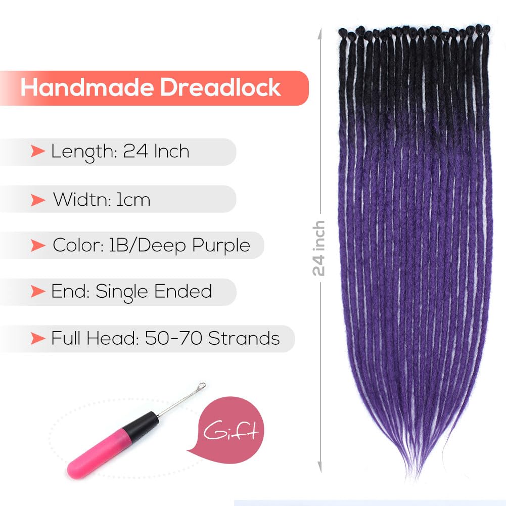 Kraler 24" Thick Dreadlock Extensions, 20 Strands 1cm Width SE Ombre Deep Purple Crochet Dreadls Extensions of Synthetic Hair Hip Hop Style Dreadlock for Girls