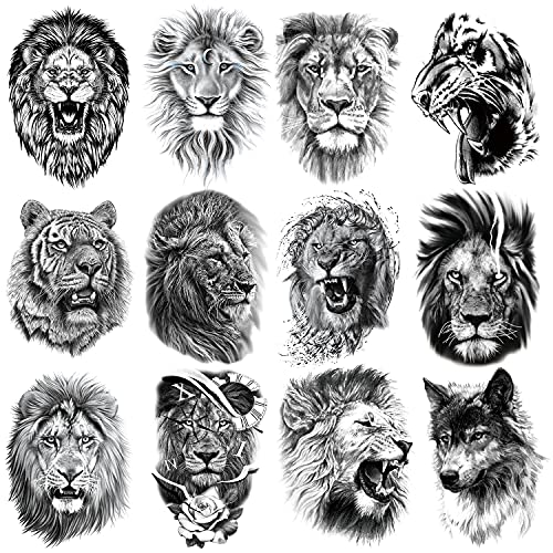 12 Sheets Black & Grey Animal Temporary Tattoos for Men