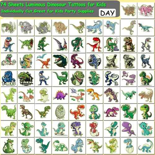 Glow in The Dark Dinosaur Temporary Tattoos for Kids - 74 Individually Sheets Luminous Dinosaur Tattoos for Boys Birthday Party Favors Goodie Bag Fillers