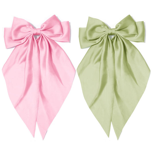 Large Hair Bows for Women Girl 2PCS Pink Satin Hair Bow Oversized Long Tail Olive Green Big Hair Bow Hair Clips Hair Accessories