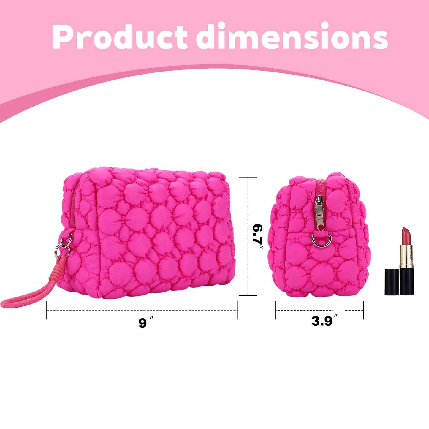 ZORVIC Quilted Ruffle Makeup Bag, Travel Toiletry Organizer for Women with Wrist Strap, Cute Aesthetic Cosmetic Bag for Daily, Work, Ideal Gift (HOT PINK)