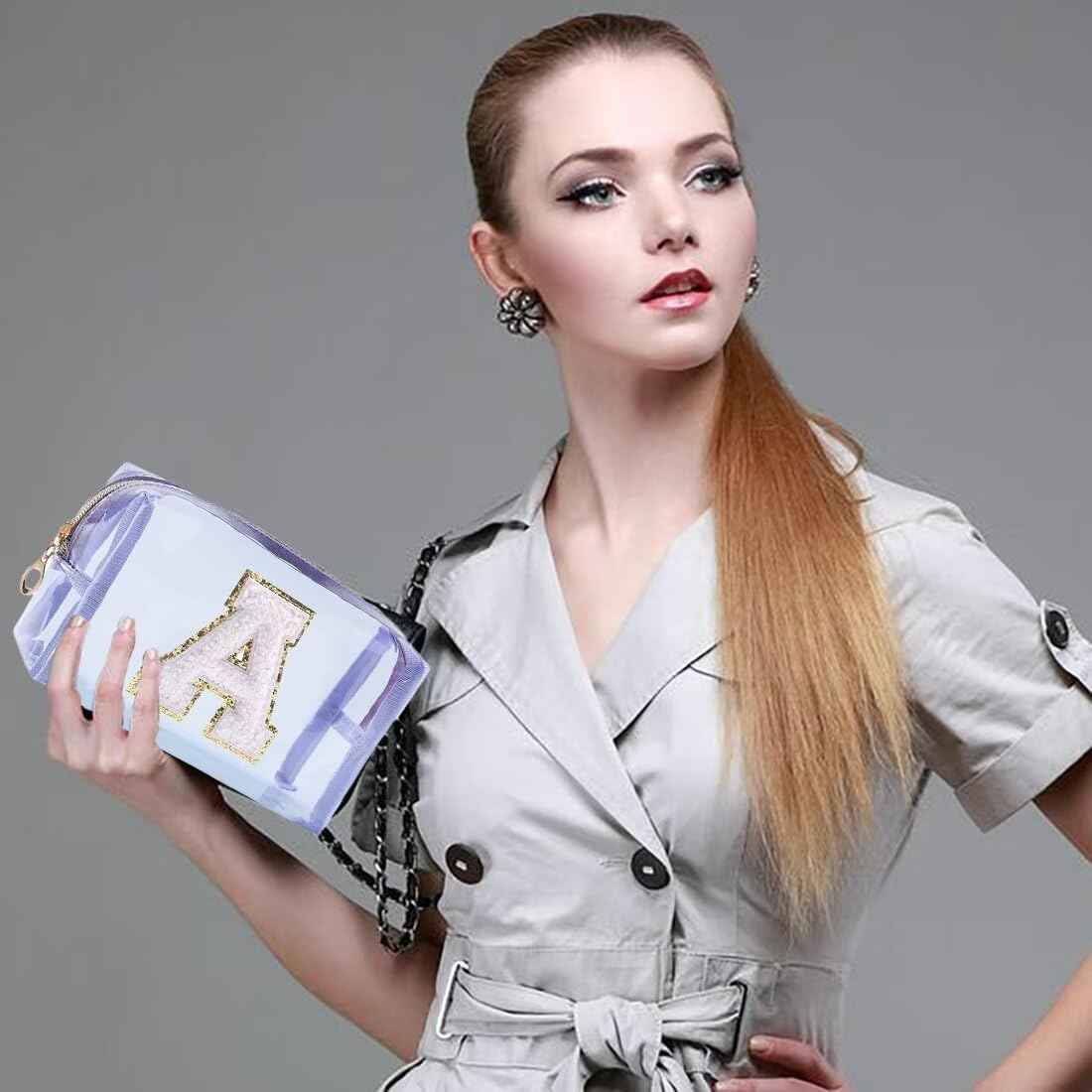 Makeup Bag for Women, Travel Initial Makeup Bag for Girls, Small Beach Makeup Bag, Teen Girl Gifts, Waterproof Cosmetic Bag, Birthday Gifts for Women, Personalized Makeup Bag Organizer-Purple A