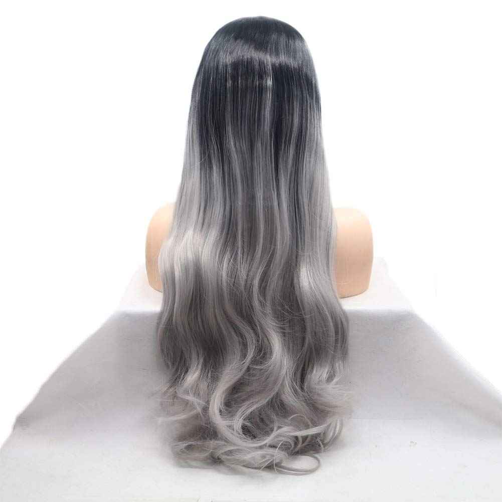 Kalisa Long Wavy Ombre Black to Grey Lace Front Wig Middle Part Body Wavy Silver Grey Synthetic Wig Heat Resistant Fiber Makeup Wig for Women 24 Inches