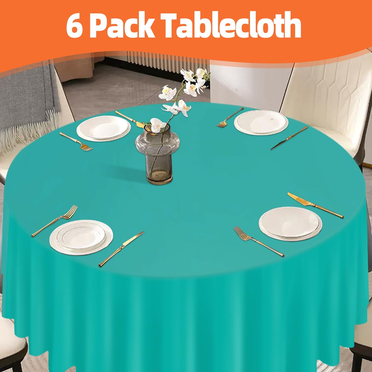 tujol Teal 6 Pack Plastic Table Cloth 84", Disposable Round Tablecloth Table Cover, Plastic Table Cloths for Parties