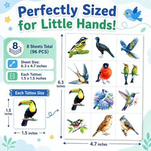 96 Rainforest Bird Temporary Tattoos for Kids