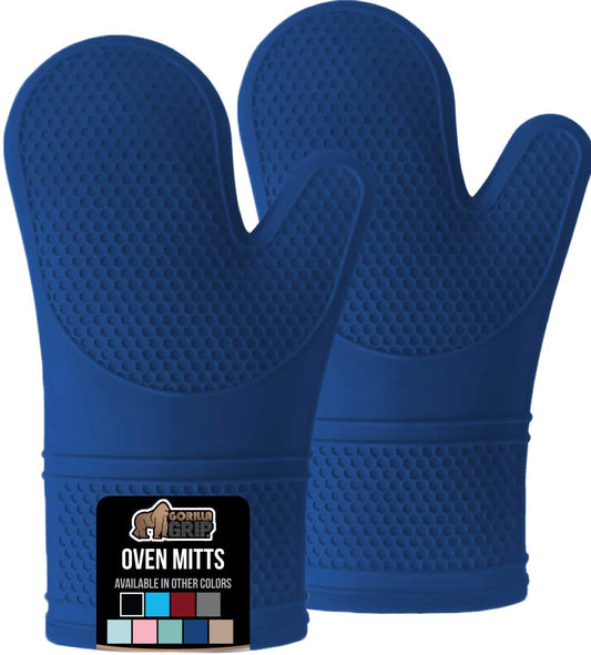 Gorilla Grip Heat and Slip Resistant Silicone Oven Mitts Set, Soft Cotton Lining, Waterproof, BPA-Free, Long Flexible Thick Gloves for Cooking, BBQ, Kitchen Mitt Potholders, 12.5 in, Blue