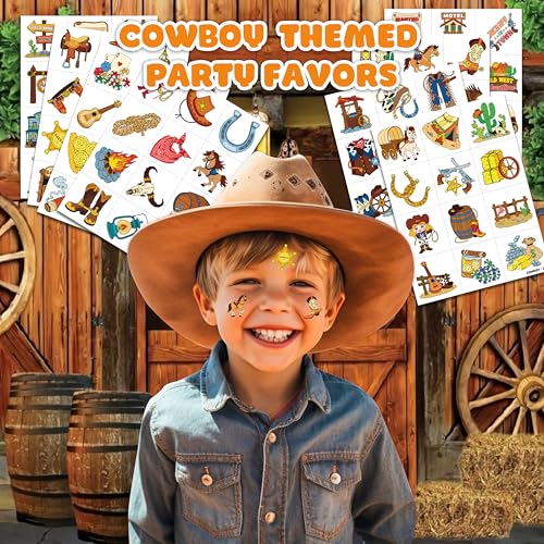 96 PCS Western Cowboy Temporary Tattoos for Kids Birthday Party
