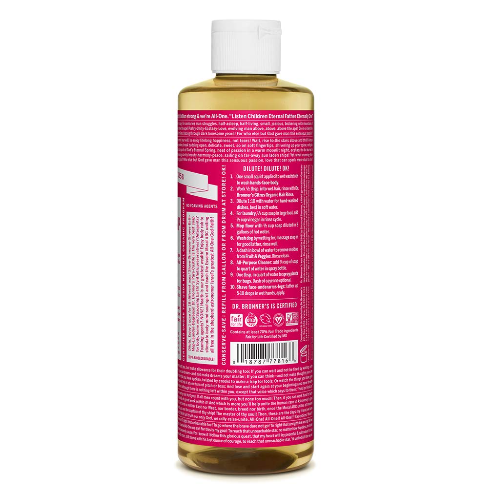 Dr. Bronner's - Pure-Castile Liquid Soap (Rose, 16 ounce) - Made with Organic Oils, 18-in-1 Uses: Face, Body, Hair, Laundry, Pets and Dishes, Concentrated, Vegan, Non-GMO