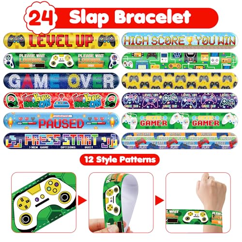 48PCS Video Game Party Set ? 24PCS Temporary Tattoos & 24PCS Slap Bracelets ? Gamer-Themed Birthday Supplies, Baby Shower Gifts, Classroom Rewards & Party Decor for Kids (Boys & Girls)