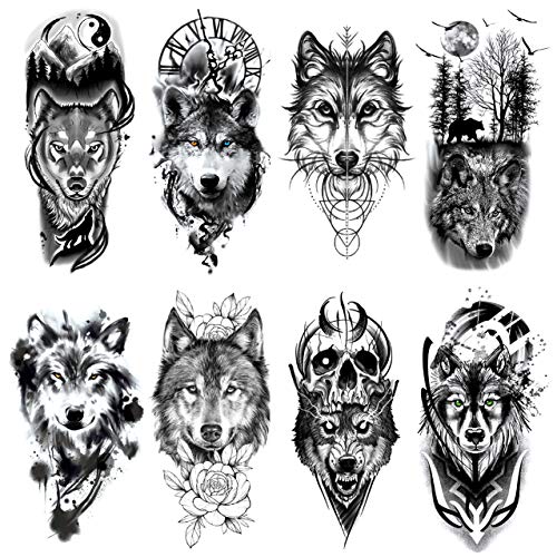 8-Pack Temporary Tattoos - Wolf Skull Moon Designs