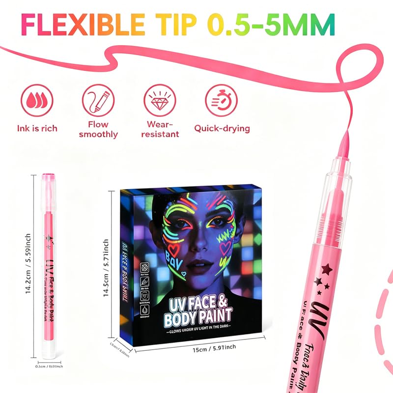 12-Color UV Glow Face & Body Paint Markers - Neon Black Light