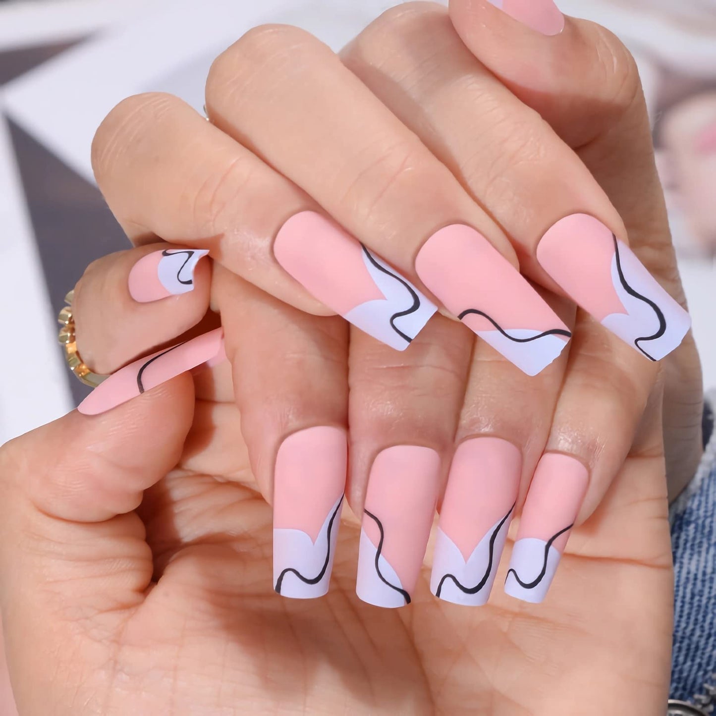 BABALAL Square Press on Nails Medium Fake Nails PInk Blue Acrylic Nails 24Pcs Matte Squoval Stick on Nails