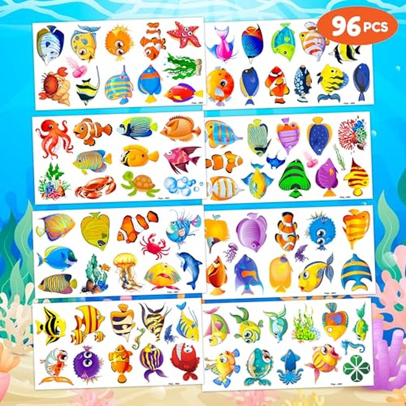 96PCS Tropical Fish Temporary Tattoos Ocean Themed Birthday Party Decorations Supplies Favors Decor Cute Colorful Under The Sea Animals Tattoo Stickers Gifts For Kids Boys Girls School Prizes Carnival