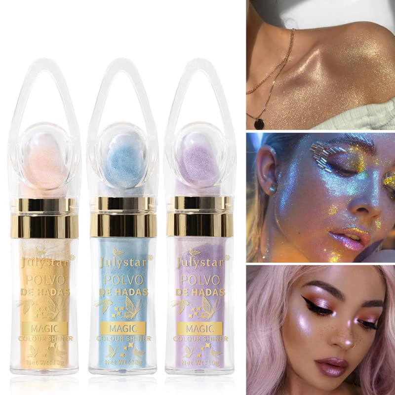 Polvo De Hadas Makeup Powder, Highlighter Powder Stick Body Shimmer Patting Powder Glitter High Gloss Sparkle Loose Brighten Face Body Lips Eyes Glow Cosmetic White Moonbeam (Purple)