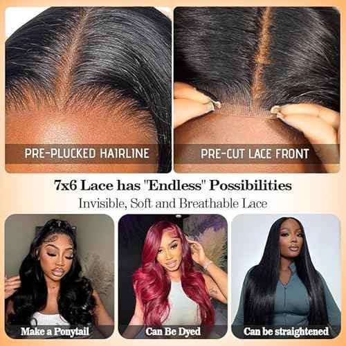 CHEETAHBEAUTY 7x6 Glueless Wigs Human Hair Pre Plucked Pre Cut 26 Inch Body Wave Lace Front Wigs Human Hair for Women 7x6 HD Lace Closure Wigs with Elastic Drawstring 200% Density Natural Color