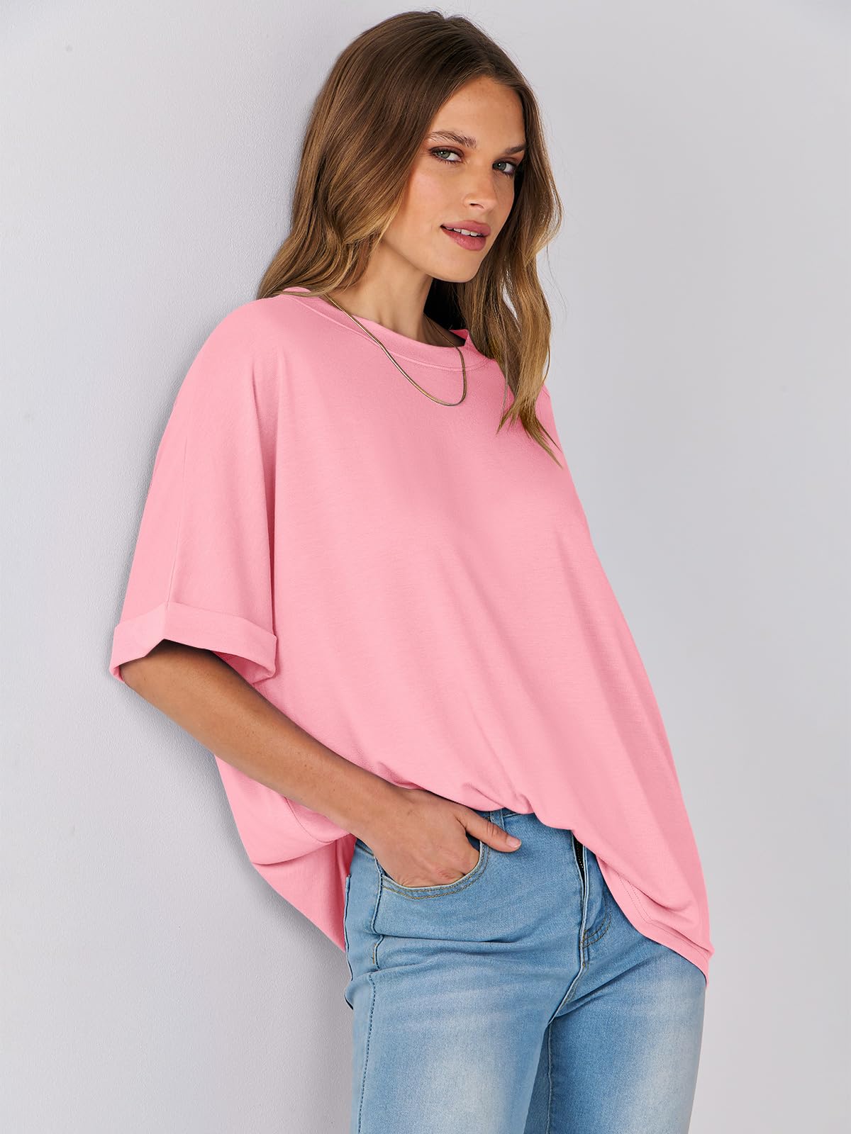 ANRABESS Women's Oversized T Shirts Short Sleeve Crewneck Summer Tops Casual Loose Basic Tee Shirts 2024 Trendy Clothes Pink Small