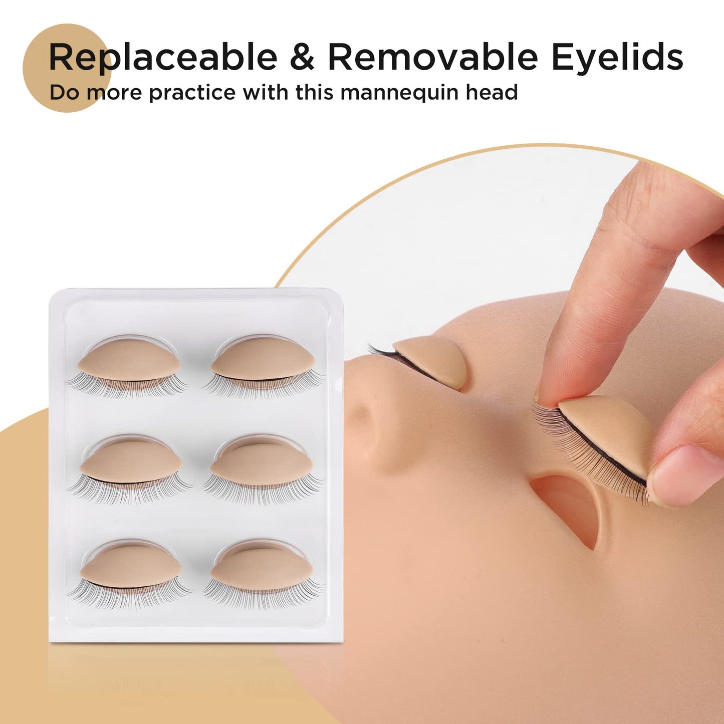 LASHVIEW Lash Mannequin Head , with 4 Pairs Replaced Eyelids Practice, Makeup Soft-Touch Rubber, Natural Skin Color