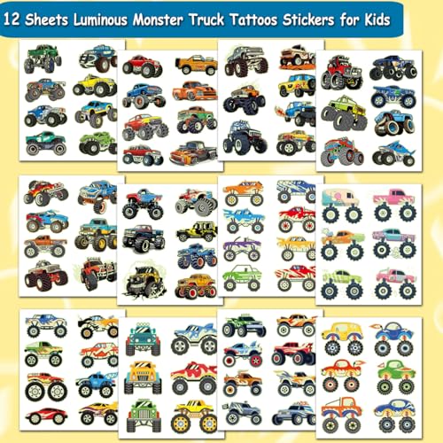 Luminous Monster Truck Temporary Tattoos for Kids - 12 Sheets Glow in the Dark Monster Truck Tattoos for Kids Monster Truck Birthday Decorations