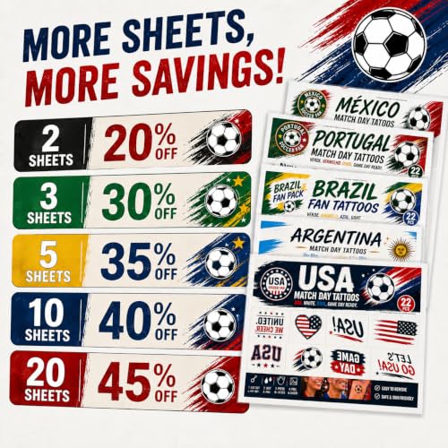 Soccer Face Tattoos - 22 Country Designs, Waterproof Game Day