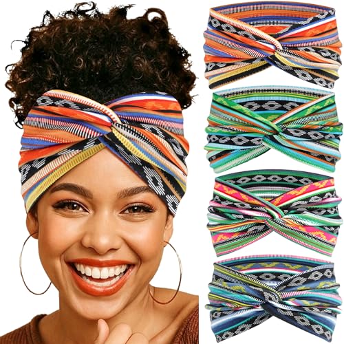 Boho Headbands for Women, 4-Pack Wide Stretch Hair Bands