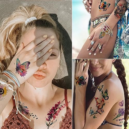 Tazimi 3D Watercolor Temporary Tattoos for Women (9 Sheets)