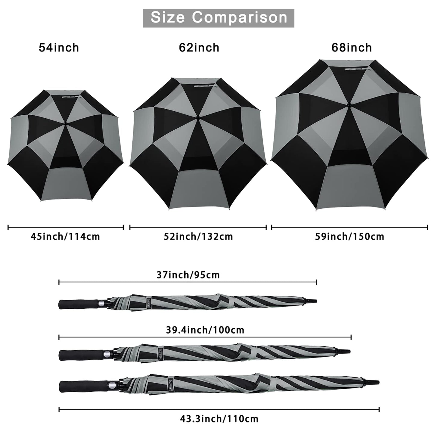 G4Free 54 Inch Automatic Open Golf Umbrella Windproof Extra Large Oversize Double Canopy Vented Windproof Waterproof Stick Umbrellas for Men (Black/Gray)