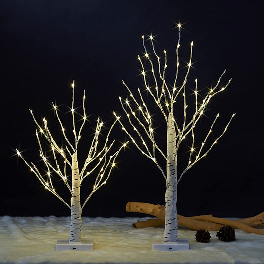 LIGHTSHARE 18IN+24IN Birch Tree Bonsai, 147 Mini LED Lights, Warm White, for Home,Set of 2, Festival, Party, and Easter Decoration Battery Powered