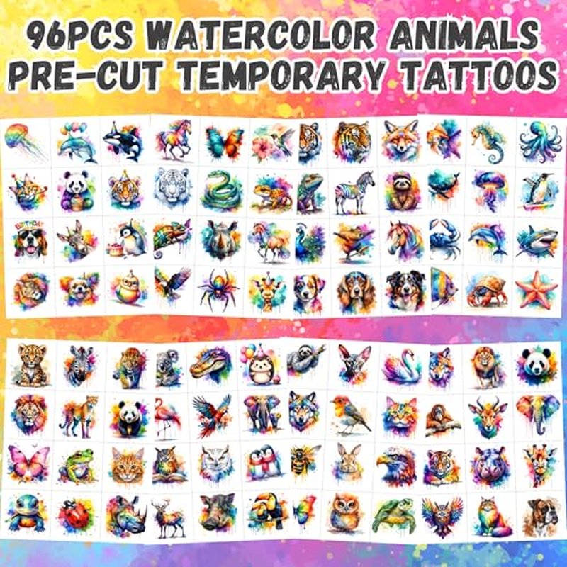 96 Watercolor Animal Temporary Tattoos - Kids Party Favors