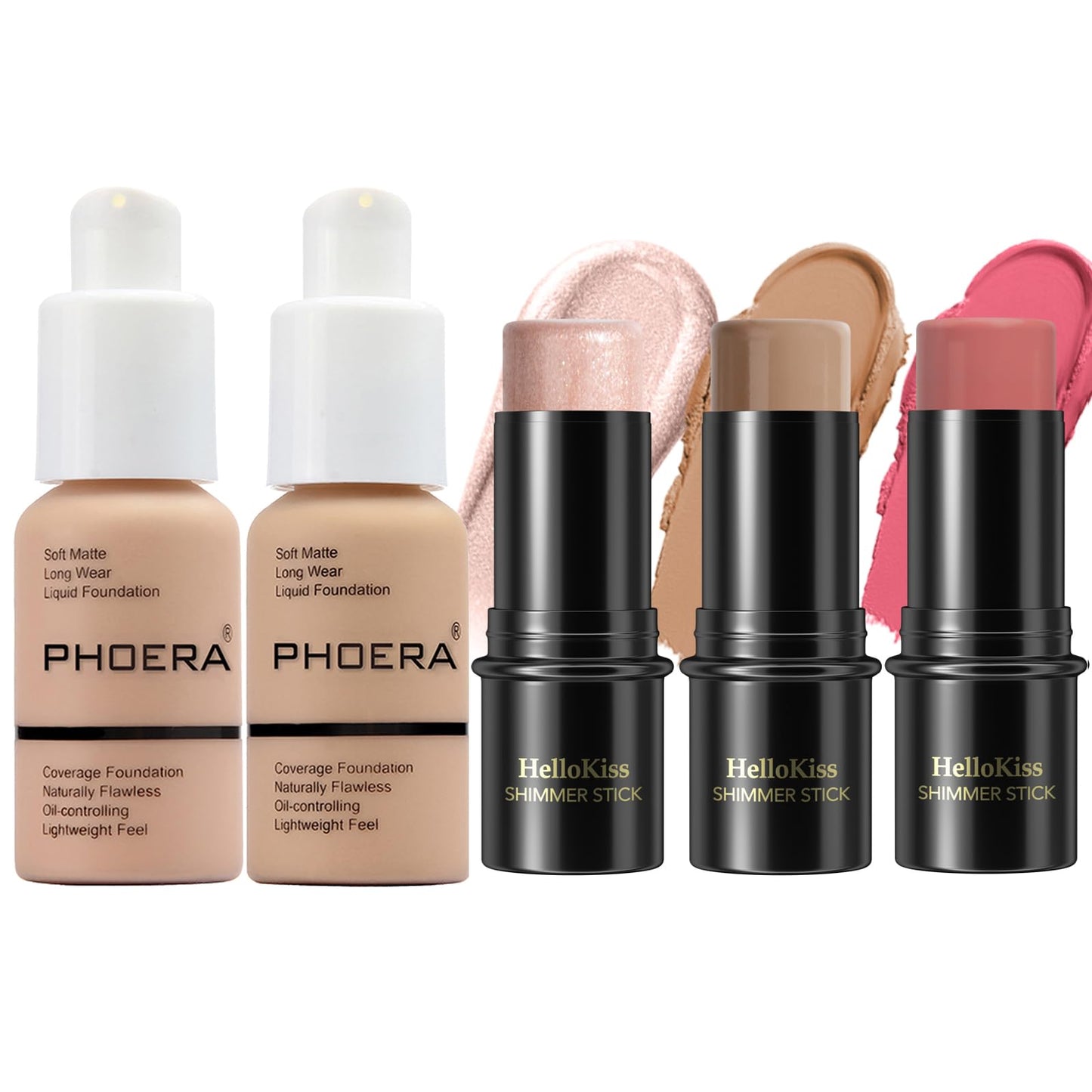 PHOERA Foundation,3 PCS Contour Stick Makeup Kit,Shades with Highlighter Stick,Blush Stick and Bronzer Contour,PHOERA Makeup (103+104+Fair-Light Contour/Warm peach+Buff Beige+#03,#09,#12)