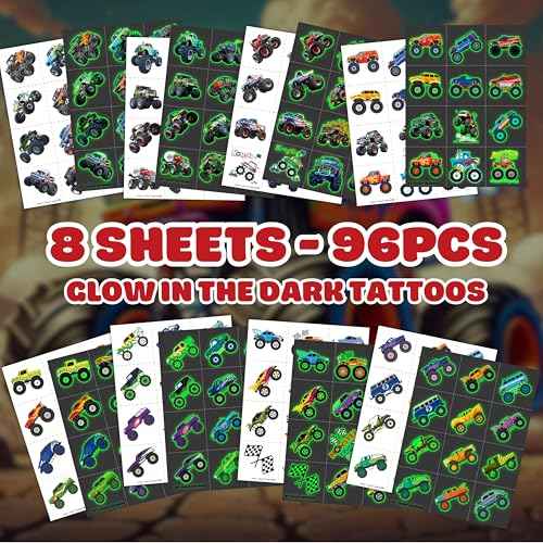 96PCS Monster Truck Pre-Cut Temporary Tattoos for Kids - Super Cute Birthday Party Supplies, Favors, and Decorations - Fake Tattoos Stickers for Boys, School Rewards, and Gifts (Luminous)