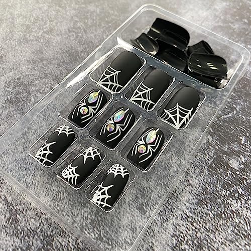 Halloween Press on Nails Short Fake Nails Full Cover Red French Tip Stick on Nails Artificial Nails with Blood Droplet Designs Square Acrylic Nails Glossy Glue on Nails for Women Girls 24pcs