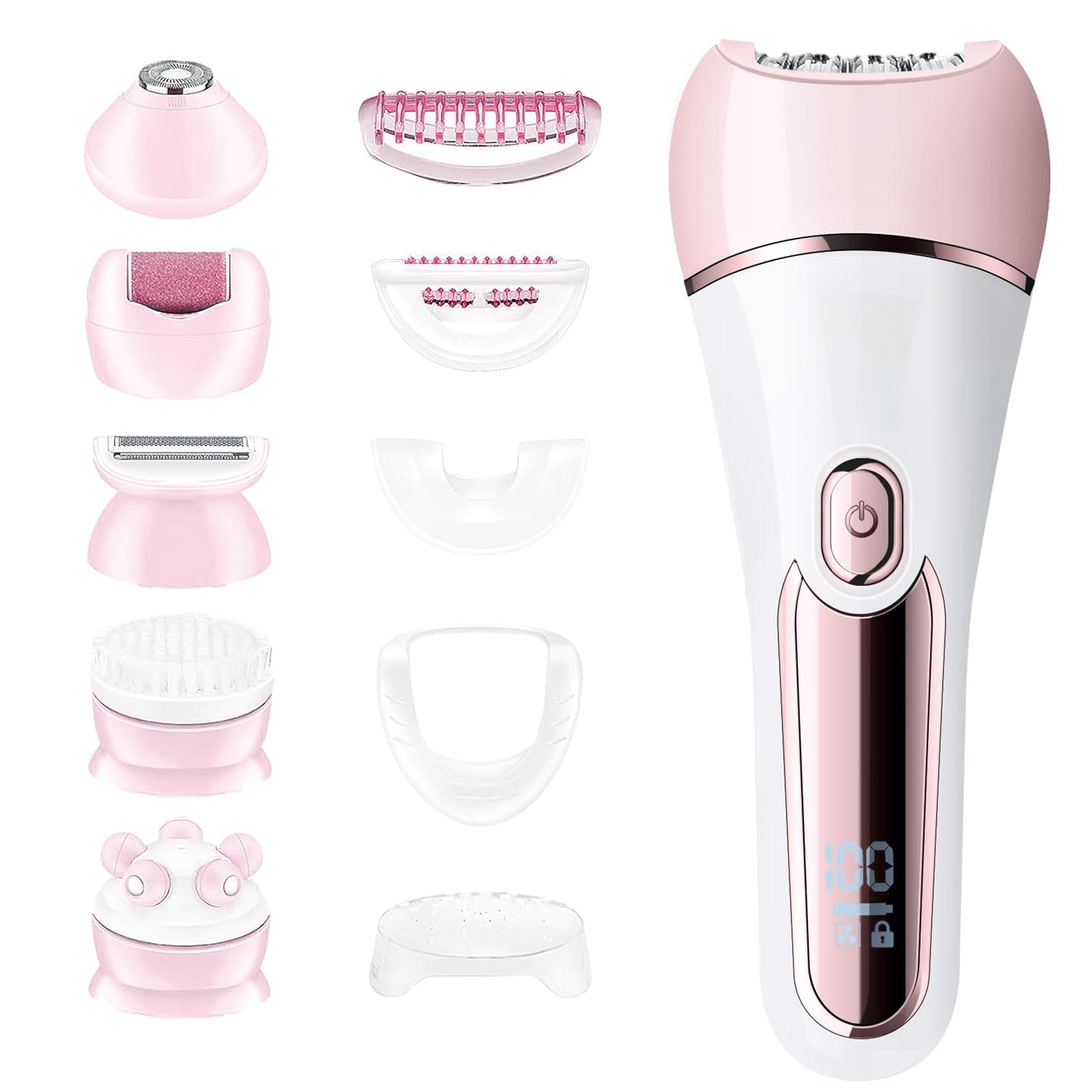 Epilator for Women, 6 in 1 Hair Removal Epilator, Shaver, Face Razor, Facial Brush, Face Massage and Body Exfoliator,IPX7 Waterproof Rechargeable Hair Removal for Women (Pink)