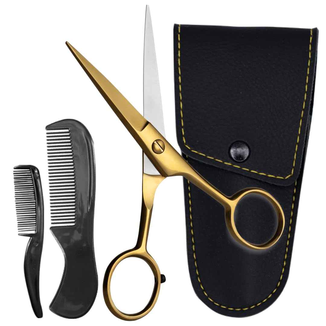 Ontaki Brass Grooming Kit - 5 in, Golden Brass - Beard Trimming Scissors, Mustache Comb & Beard Comb, Carrying Pouch