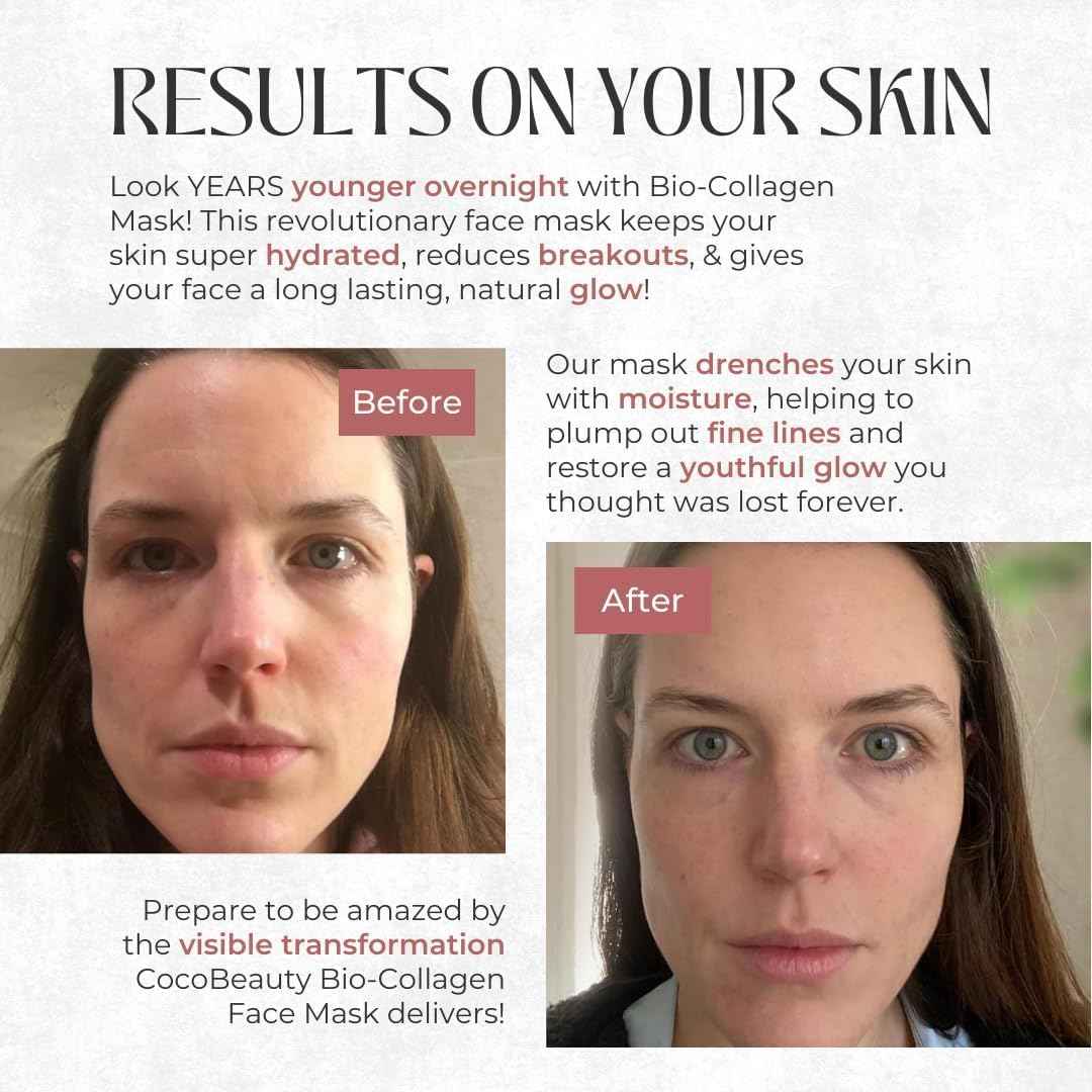 COCOBEAUTY Bio Collagen Face Mask – Hydrating & Anti-Aging Korean Collagen Sheet Masks, Deep Hydration, Smooths Fine Lines, Overnight Face Mask for Radiant Skin (16 pcs)