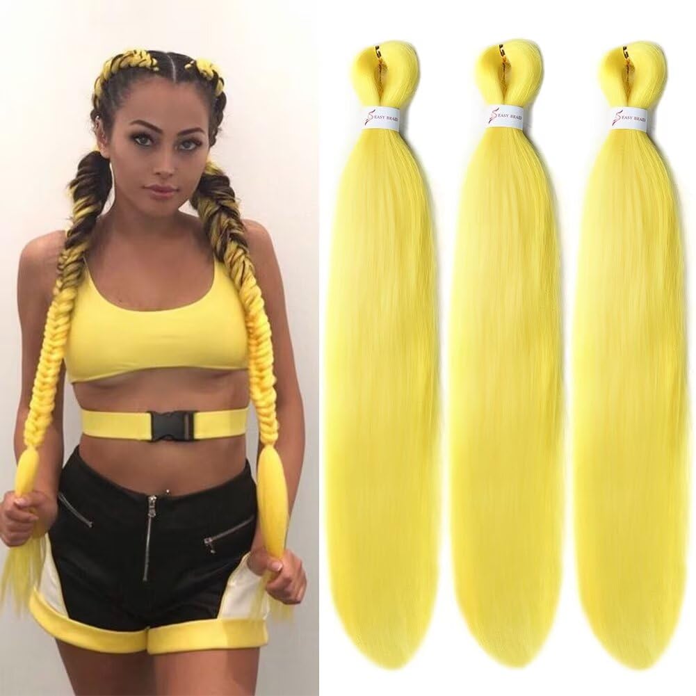 CANELIA Pre stretched Braiding Hair 26 Inch Yellow Braiding Hair Extensions Yaki Braids Hair Hot Water Setting Synthetic Hair Colored Braiding Hair Pre stretched Crochet Hair(26 Inch,3 Packs,Yellow#)