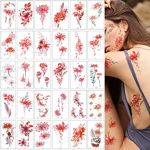 Lycoris Flower Temporary Tattoos for Women, 30 Sheets Waterproof