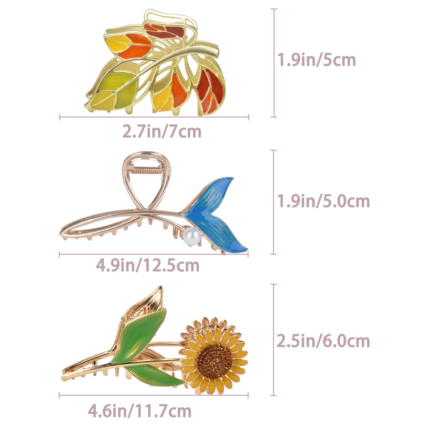 Yonchic 3-Piece Flower Metal Hair Clips, Muticolor Leaves Hair Claw for Thin/Medium Thick Hair, Elegant Sunflower Floral Barrettes Strong Hold Clamps Non-Slip Cute Fish Tail Claws Accessories