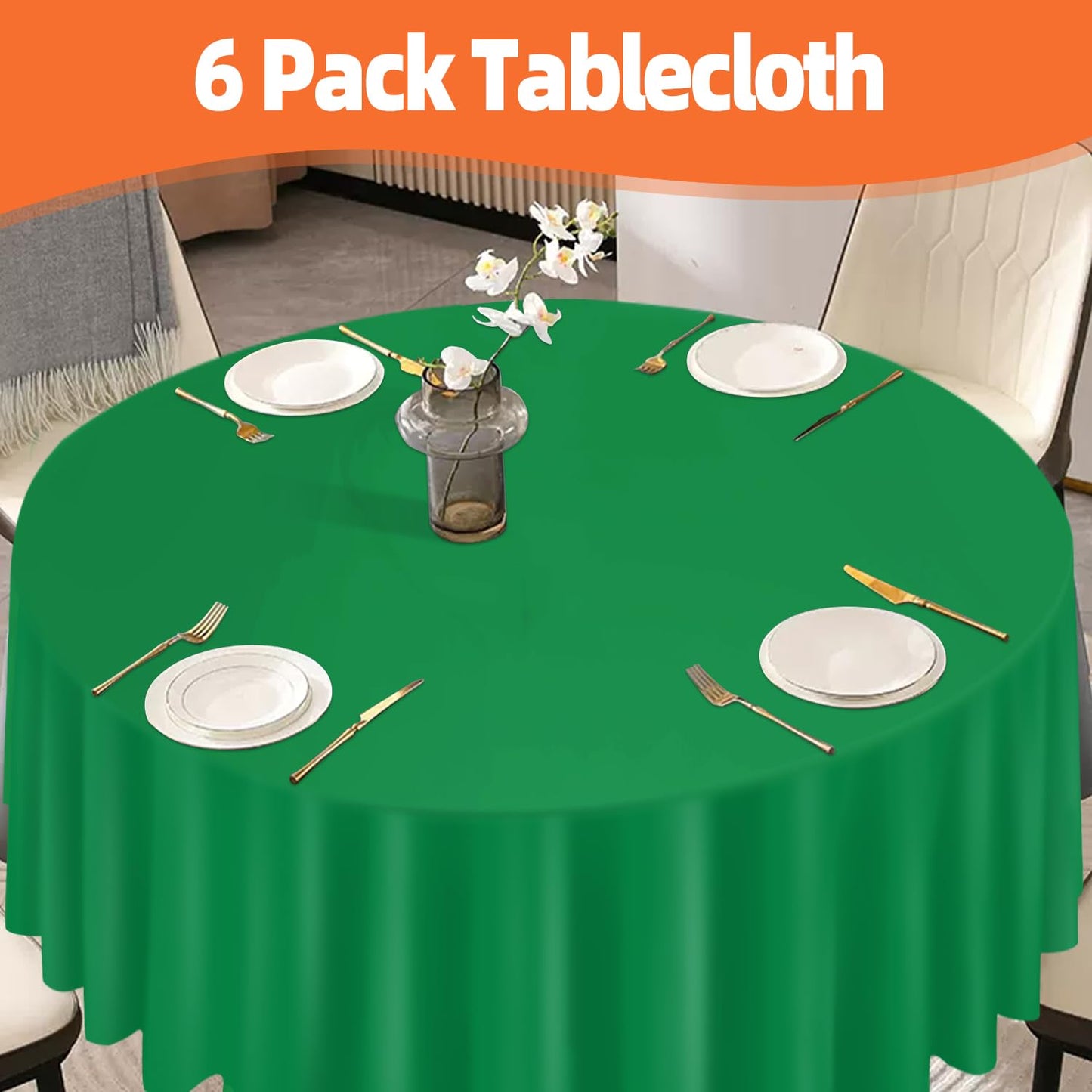 tujol Green 6 Pack Plastic Table Cloth 84", Disposable Round Tablecloth Table Cover, Plastic Table Cloths for Parties