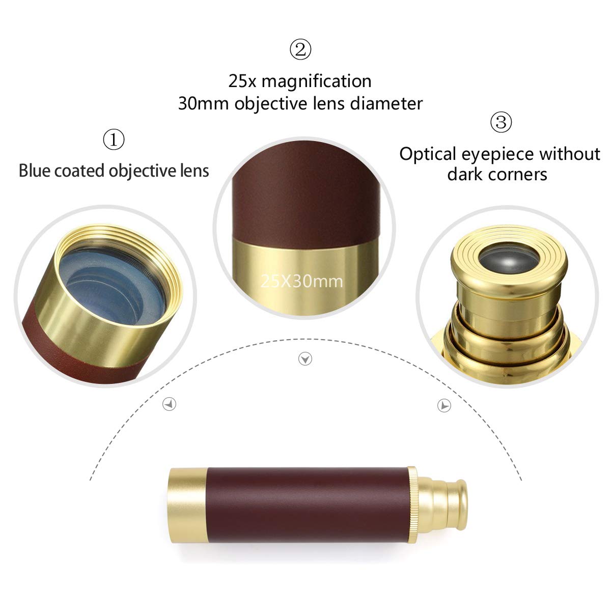 Pirate Monocular Telescope for Kids & Adults, Handheld Collapsible Brass Telescope 25x30 Zoomable Portable Pirate Spyglass for Cruise Ship Travel Watching Games Hiking Hunting and More